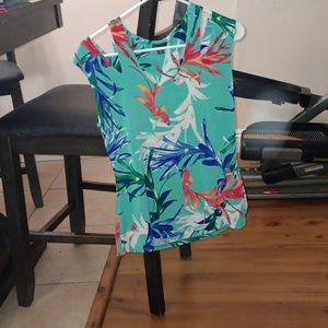 Turquoise blouse with tropical design